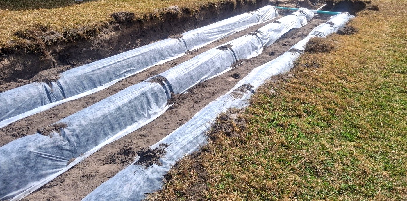 Long view of a 375 square foot leaching-chamber drain field installation