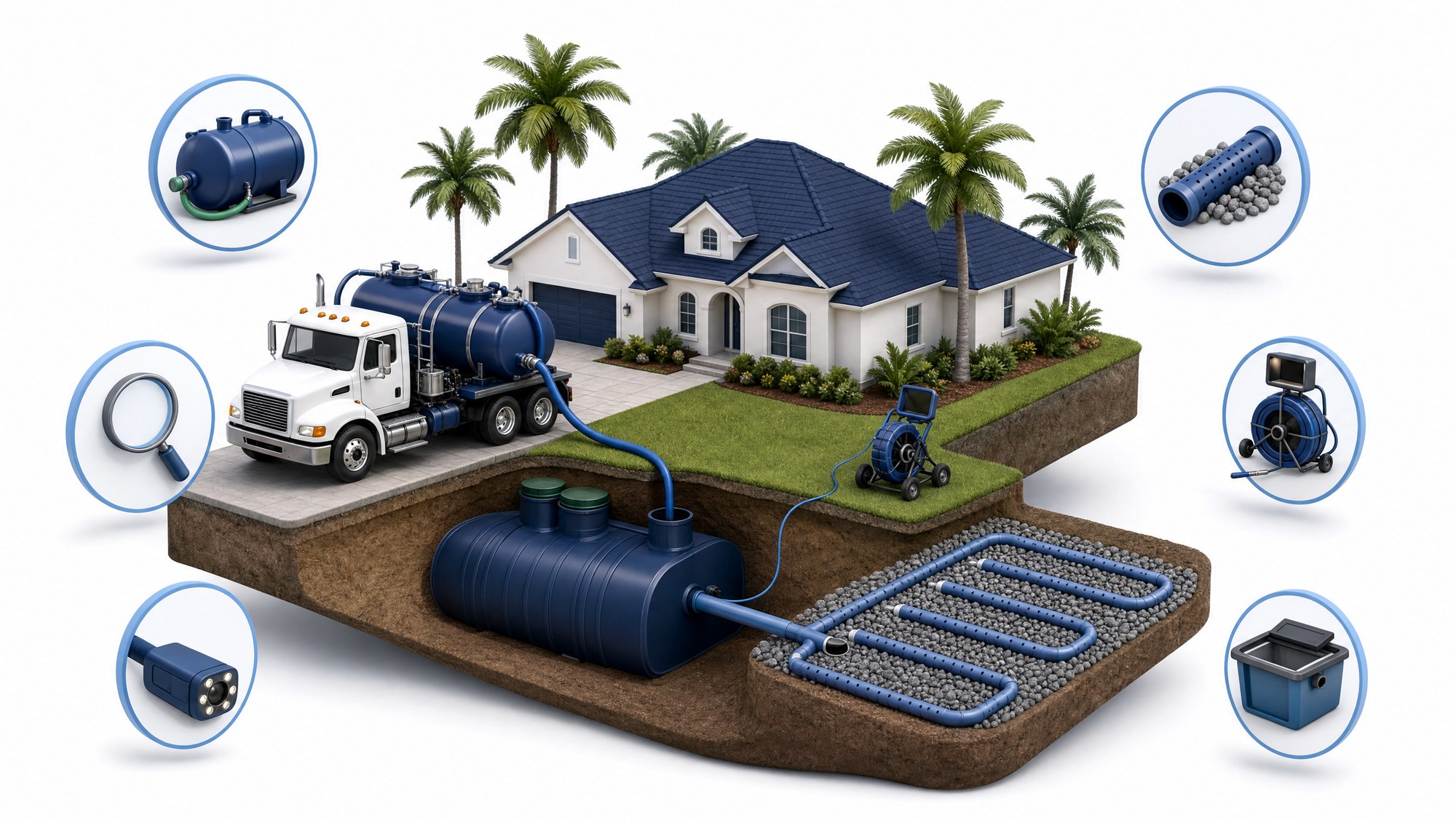 3D cutaway illustration of a Florida home's septic system — a pump truck in the driveway, an underground septic tank and drainfield, and a sewer inspection camera on the lawn